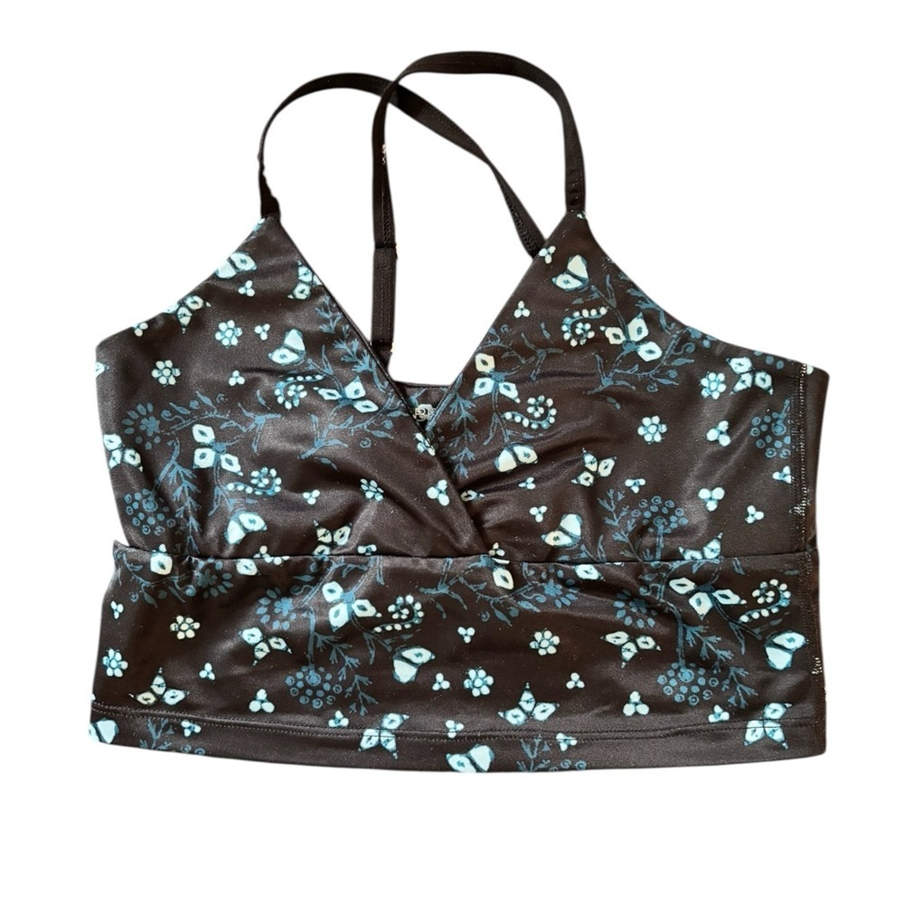 Beyond Yoga Lux Criss-Cross Cropped Yoga Tank Sz M Black Blue Floral Printed